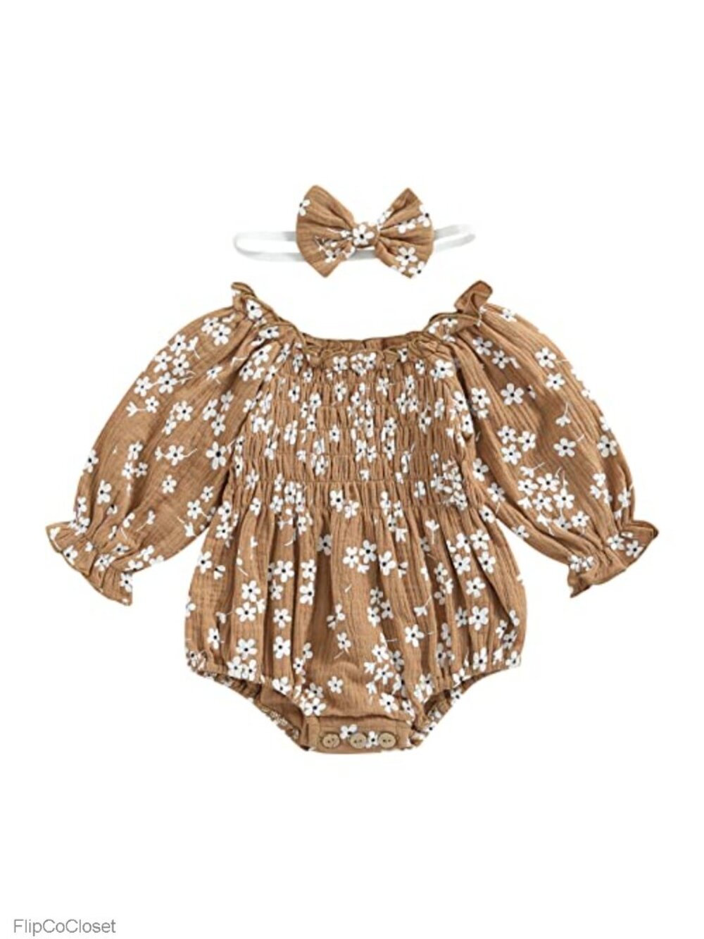 Infant Girls Linen Cotton Romper Dress & Headband Set Long Sleeve Floral